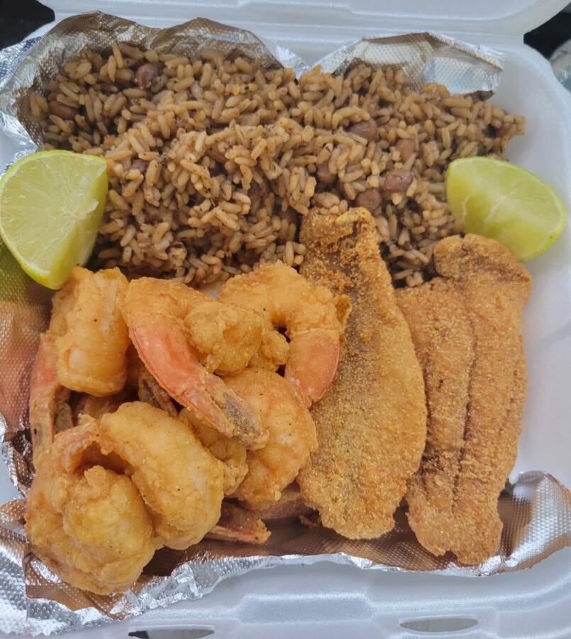 Aunt Lily’s Kitchen & Catering Cajun rice, Fish, and shrimps. Aunt Lily’s Kitchen & Catering Cajun rice, Fish, and shrimps.